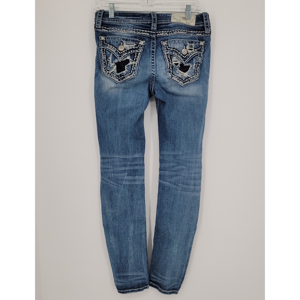 Miss Me Mid Rise Skinny Distressed Embellished Jeans Medium Wash Size 29